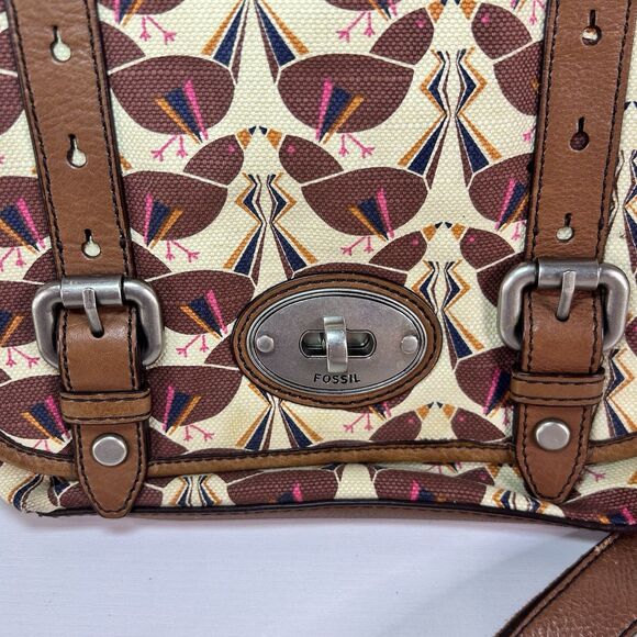 Rare Fossil Vintage Bird Print Canvas Messenger Turn Lock Bag Handle Crossbody - Picture 3 of 12